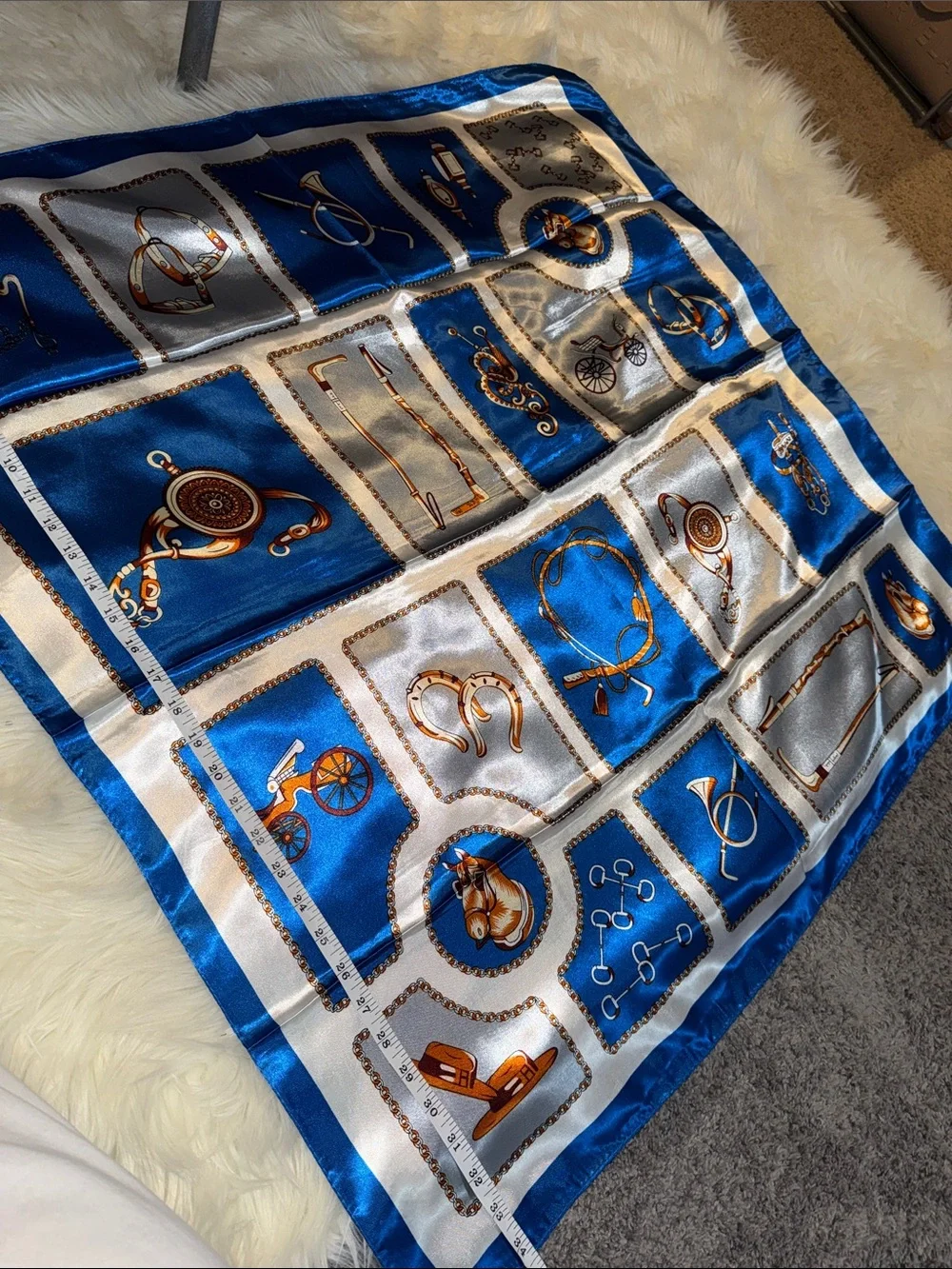 Blue and White Equestrian Print Silk Scarf